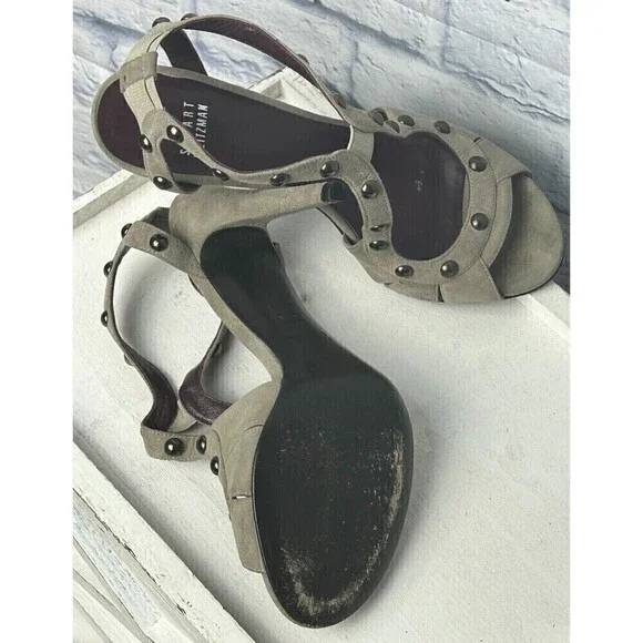 Stuart Weitzman Ratatat Women Suede Stud Sandal Taupe Sz 7.5 4inch Heel Boss Rck - Picture 8 of 12